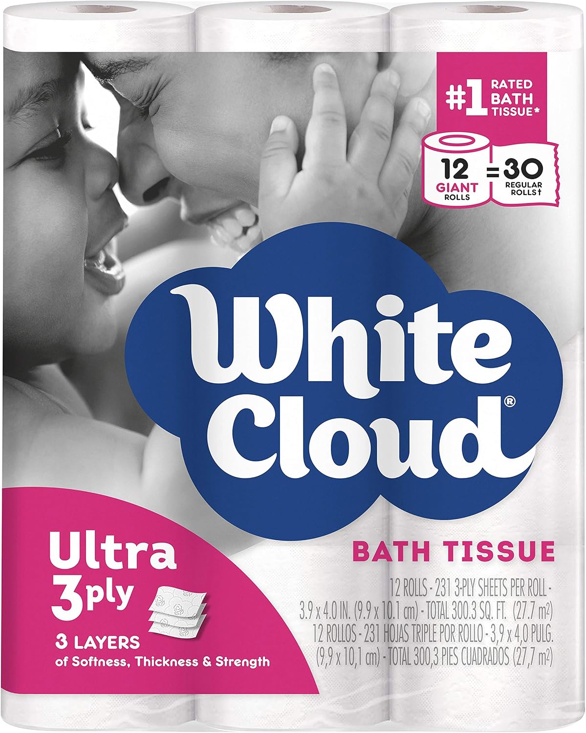 White Cloud Ultra Soft and Thick 3 Ply Bathroom Tissue 12 Giant Rolls=30 Regular Rolls