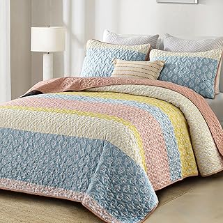 Boho Quilt Set Queen Size Bohemian Colorful Quilt Bedding Set Striped Lightweight Summer Bedspread Coverlet Bedding Set 96