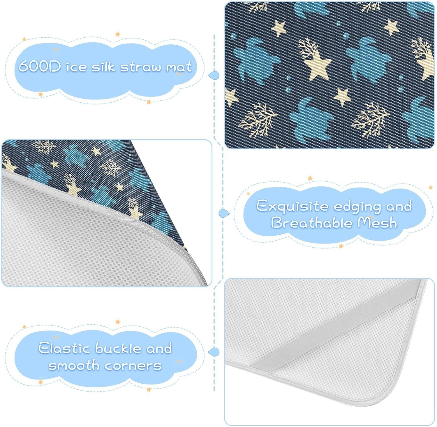 Baby Cooling Mat Cartoon Turtle Pattern Ice Silk Breathable Mesh Summer Crib Mattress Pad with Pillowcase, Soft Cooling Sleeping Surface for Infant & Toddler, 52"x28"