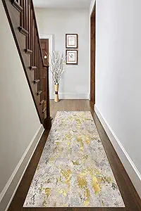 vivorug Runner Rug 2x10 Machine Washable Rug with Non-Slip Backing, Ideal for Kitchen Hallway Entryway Laundry Room - Modern Abstract, Durable, Easy Clean, Low Pile Carpet Runner, Grey/Mustard