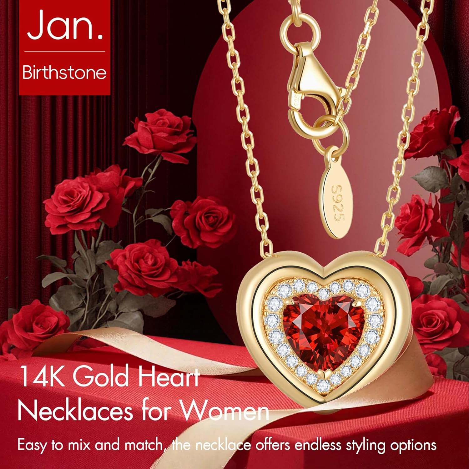 Kstyle Valentine's Day Gifts for Women - 14K Gold Filled 925 Sterling Silver Heart Birthstone Pendant Necklaces, Anniversary Birthday Jewelry Gifts for Wife Daughter Mom Grandma, Non Tarnish 16"+2" - Image 2