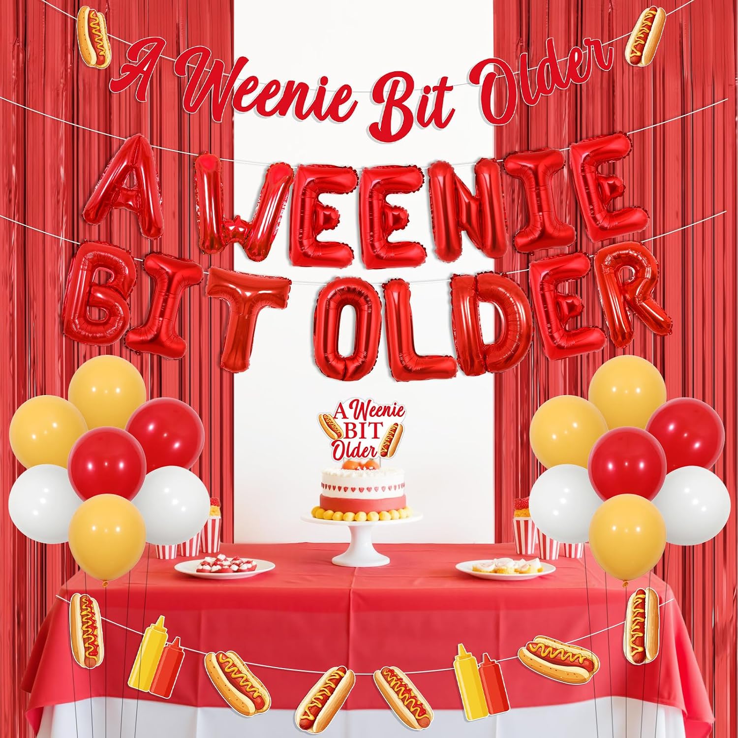 Jollyboom a Weenie Bit Older Birthday Decorations, Hot Dog Decorations Banner Garland Cake Topper Sash Fringe Curtain Foil Balloons for Women Bridal Shower Wedding Retro Bbq Cookout Party