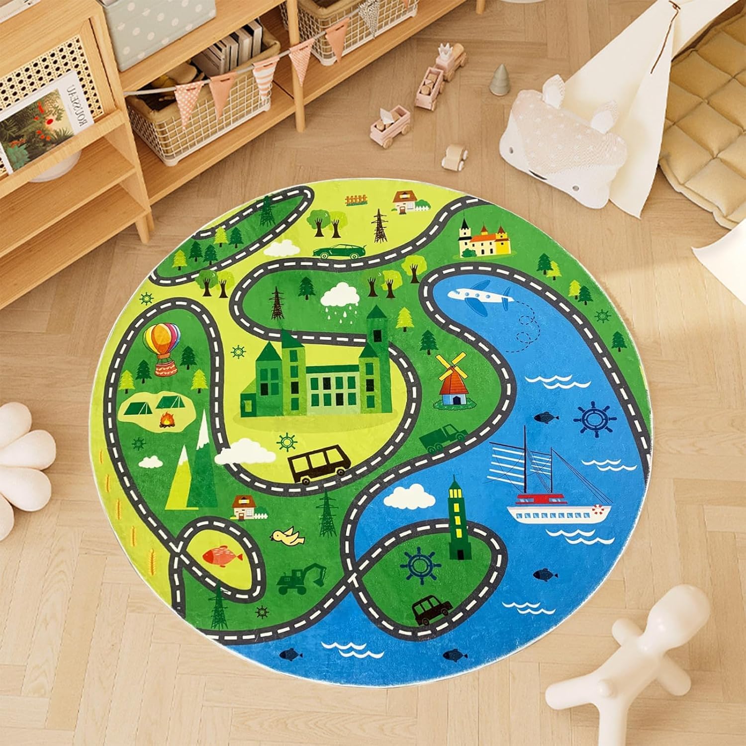 ABREEZE Round Kids Rugs 2.6ft, Faux Wool Kids Road Traffic Area Rugs Non-Slip Childrens Crawling Carpet Colorful Educational & Fun Throw Rug for Living Room Bedroom Playroom Nursery Decor