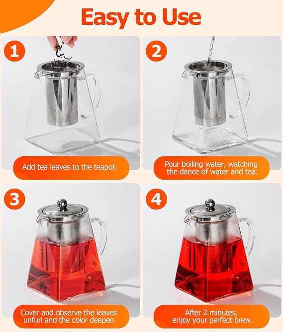 Teapot with Tea Scoop and Mat 550ml/18.6oz Square Shape Infuser Tea Pot Set, Handmade Glass Teapot with Infuser, Heat-Resistant Borosilicate Teapot with Strainer