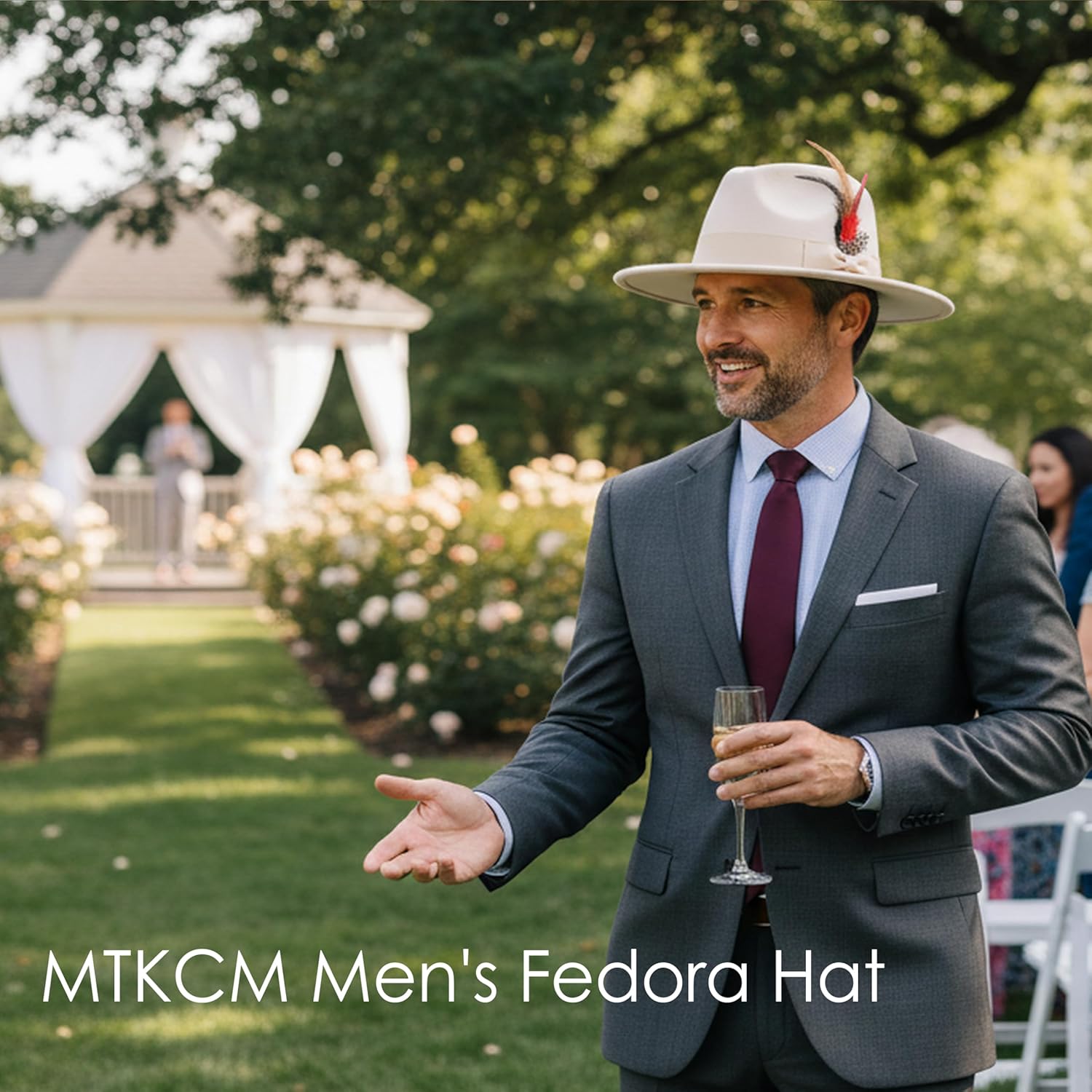 Mens Fedora Hats Wide Brim Felt Panama Hat Dress Hat with Feather
