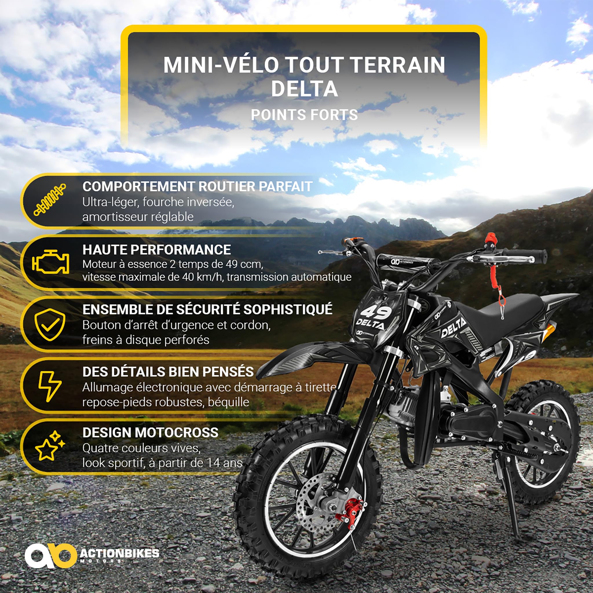 Actionbikes Motors Mini Delta 49 CC Moto-Cross pour Enfants | Freins à Disque - Filtre à air Sport - Échappement Sport - Pneus à air - Pocket Bike - Moto - Motocross - Dirt Bike - Dirtbike (Noir)