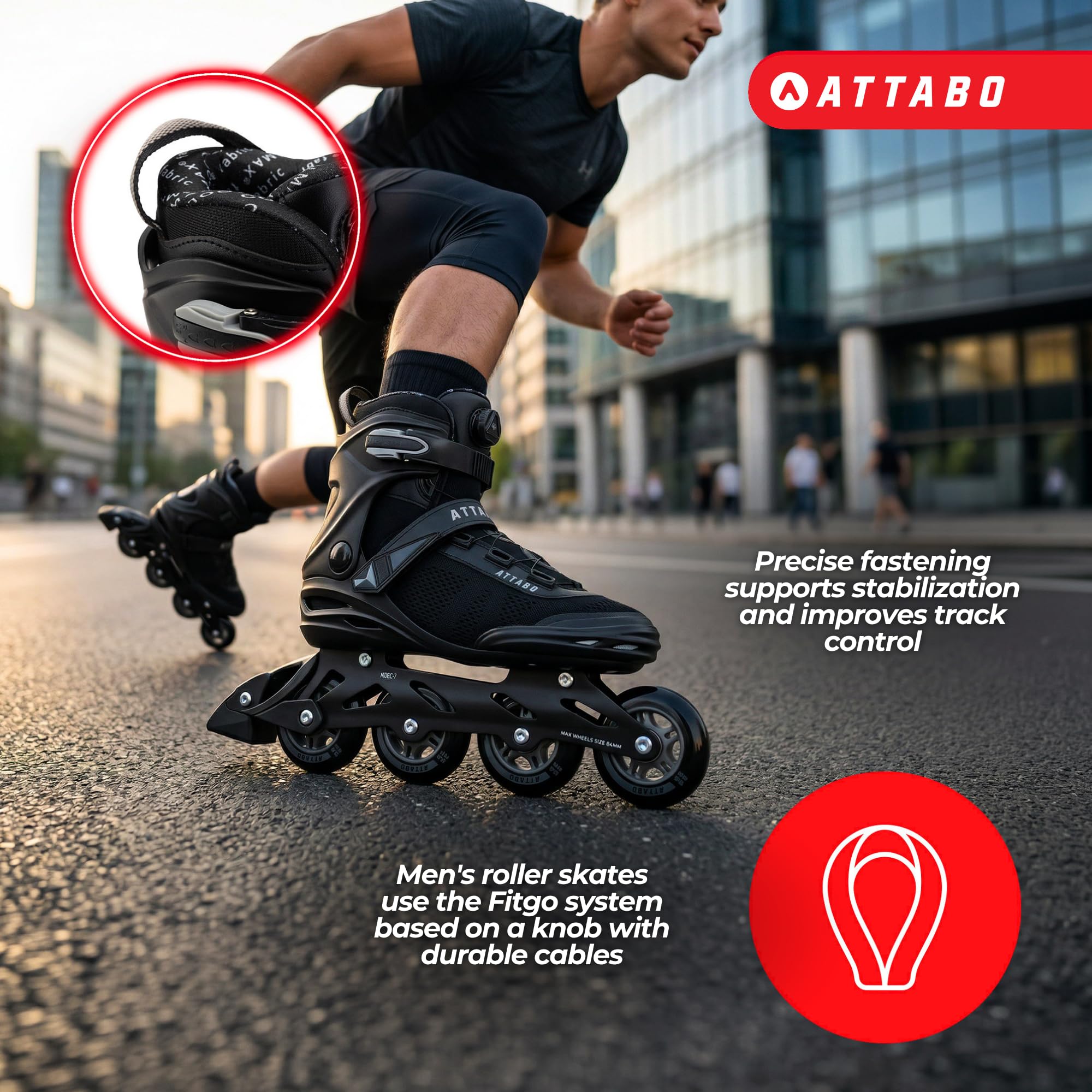 ATTABO OneFoot Fitgo Herren Inlineskates – ABEC-7 Lager, Aluminium-Schiene, Fitgo-System, Bremse – Fitness & Freizeit
