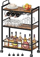 Homedawn Rustic Brown Black Bar Cart with Wine Rack & Glass Holders - 3-Tier Rolling Serving Cart for Kitchen, Living Room, Microwave Stand