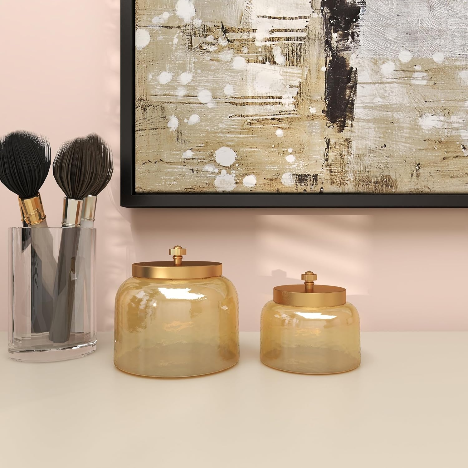CosmoLiving by Cosmopolitan Glass Decorative Jars with Metal Lids, Set of 2 4", 5"H, Gold