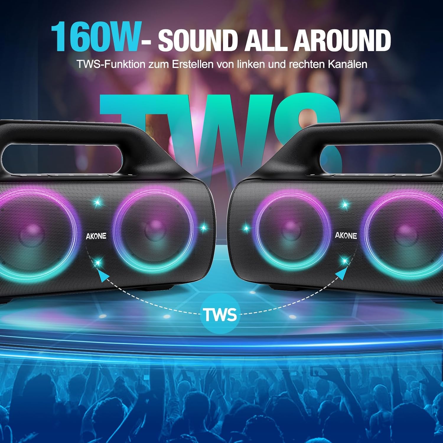 Two AKONE AK-ZG-02 speakers connected via TWS