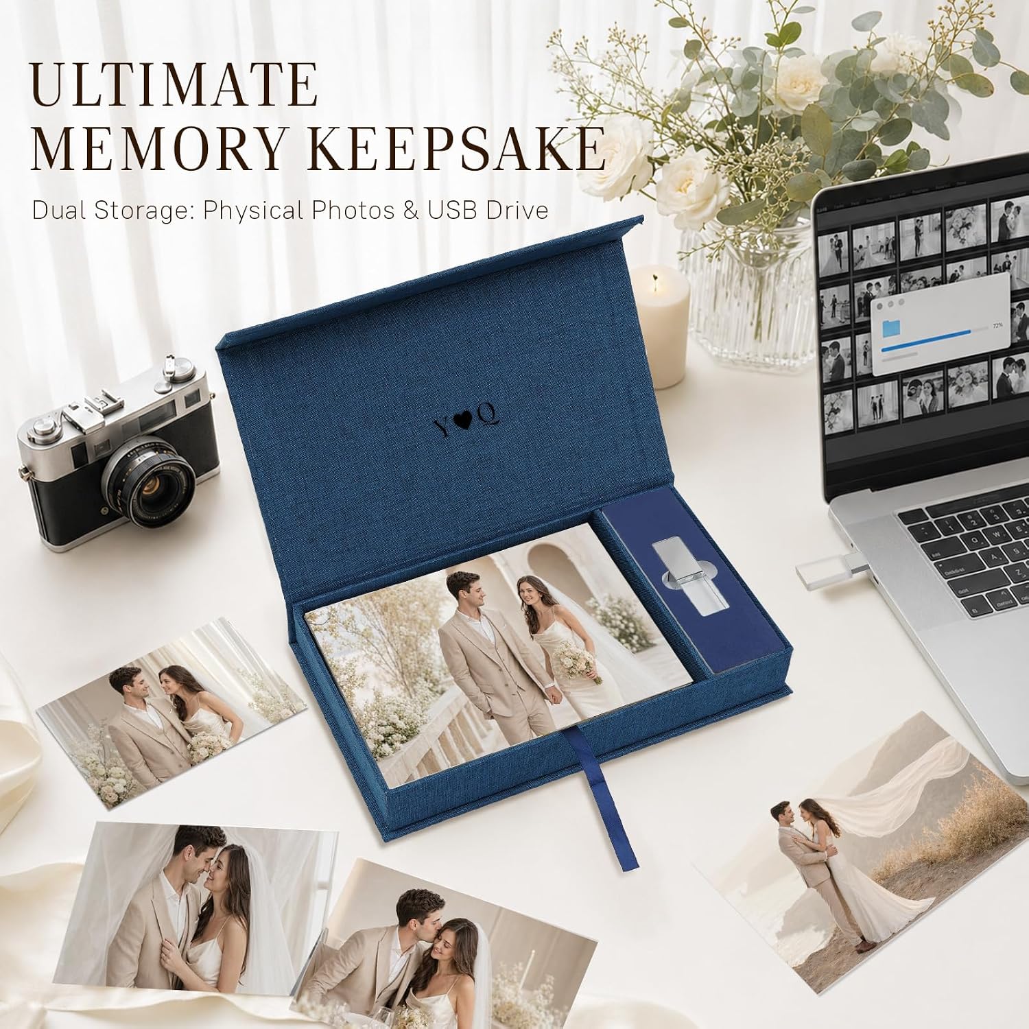 Photo Storage Box, Linen with USB Compartment - Navy, 5x7 Inch