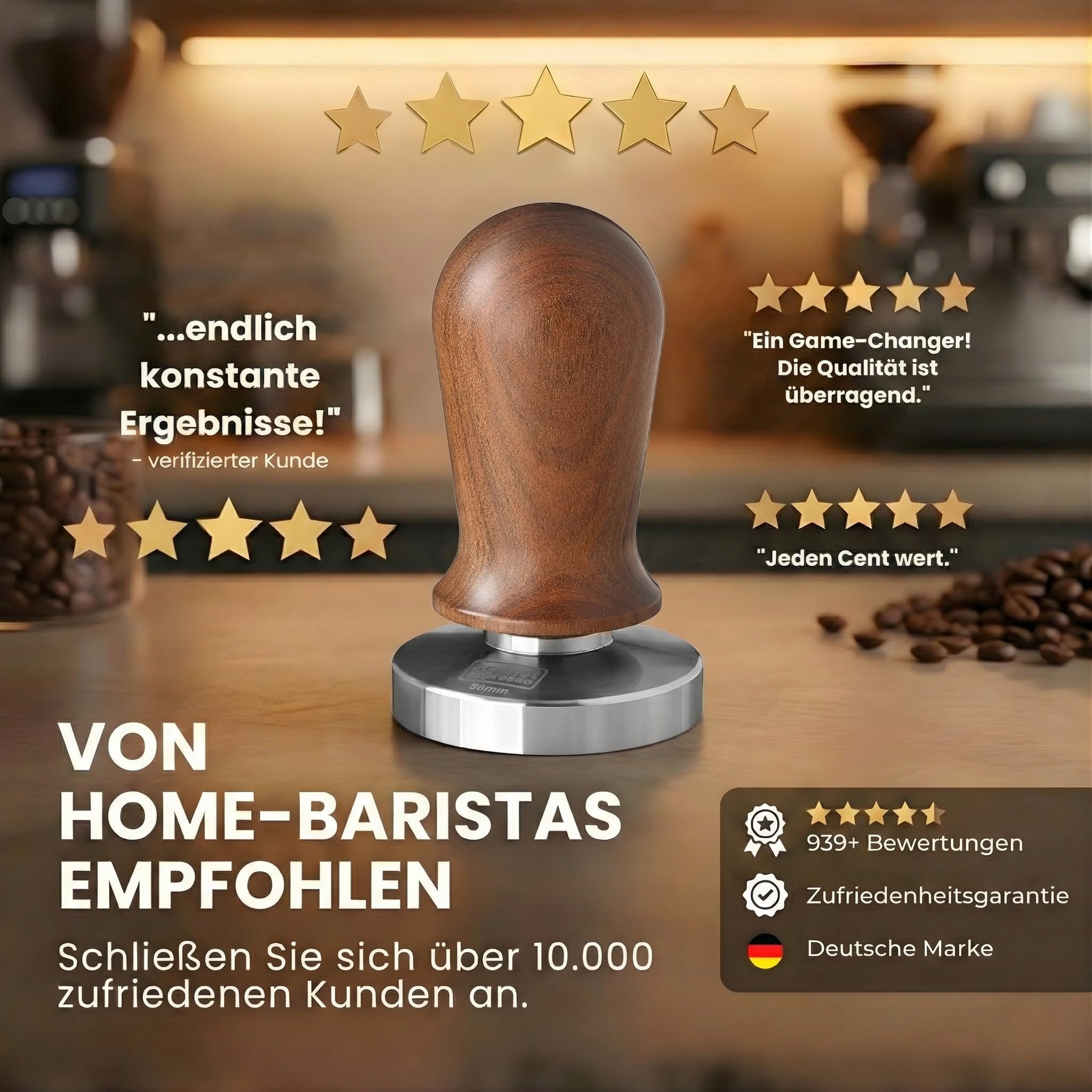 Scarlet espresso | Tamper "Perfetto" per barista; calibrato a pressione di contatto 35 lbs; con manico in alluminio o legno pregiato e base in acciaio inox di precisione (sandalo – marrone, 41 mm)