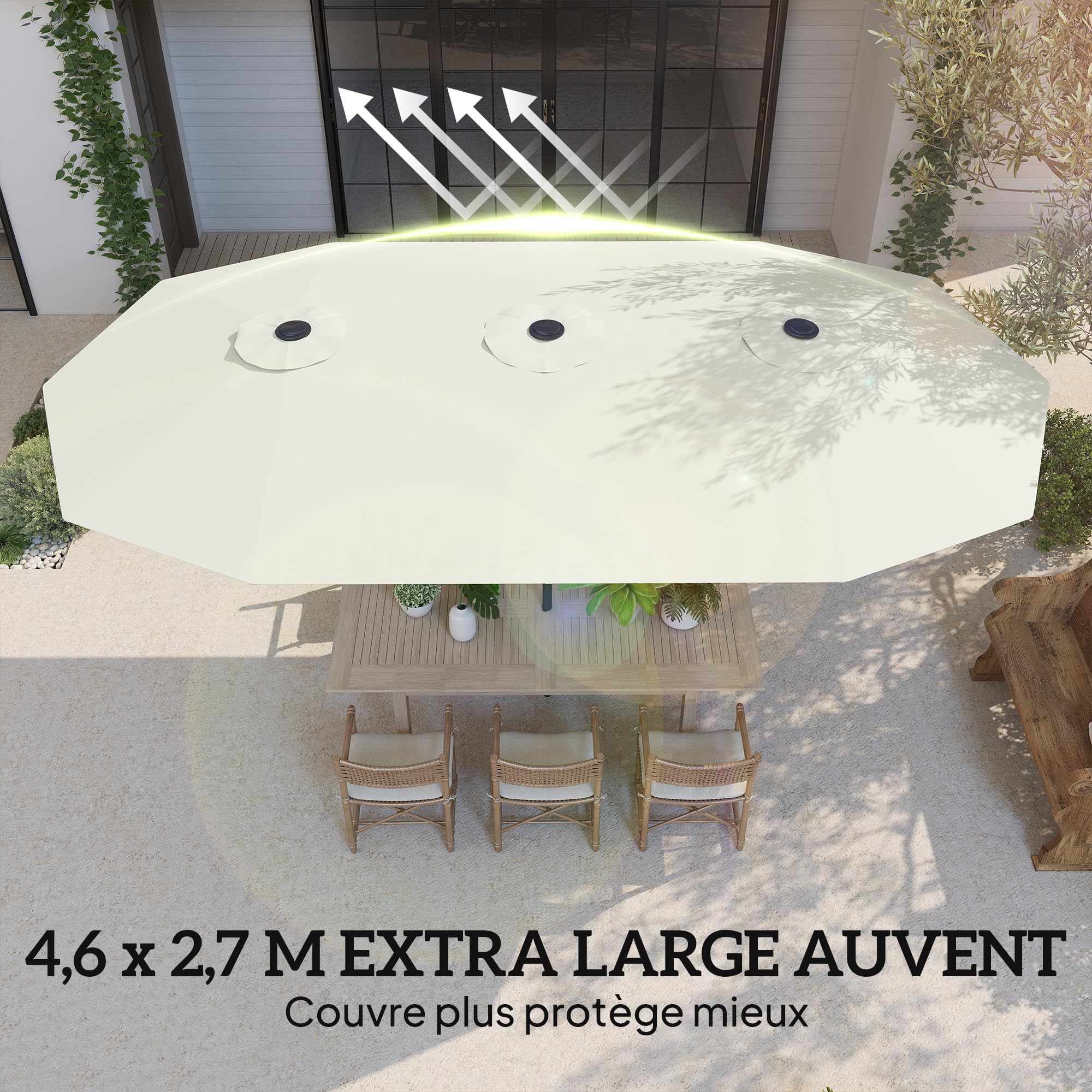 Outsunny Parasol de Jardin Extérieur 4,6x2,7 m, Manivelle, UV 50+, Crème
