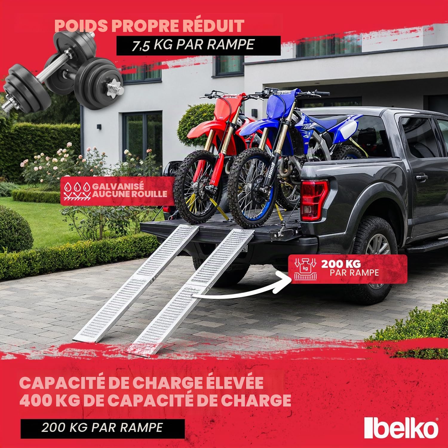 Belko® Lot de 2 rampes de chargement pliables, capacité de charge de 400 kg, 168 x 23 cm, pliables, en acier galvanisé, antidérapantes, perforées, pour voiture, moto, quad, ATV, remorque, rampe de