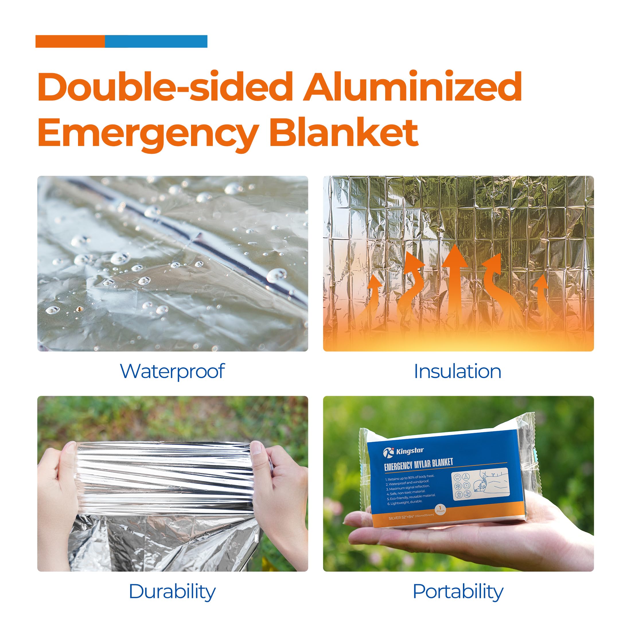 K Kingstar Cobijas de emergencia (120 paquetes) mantas térmicas de Mylar para supervivencia y protección, manta espacial de supervivencia, kits de supervivencia ideal para exteriores, senderismo,