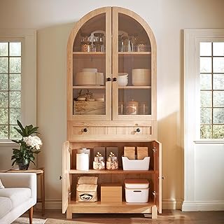 DWVO Arched Pantry Cabinet, 71" Tall Glass Door Display Storage Cabinets W/Drawer & Adjustable Shelves, Farmhouse Versatile Cupboard Bookshelf for Kitchen Dining Living Room, Wood