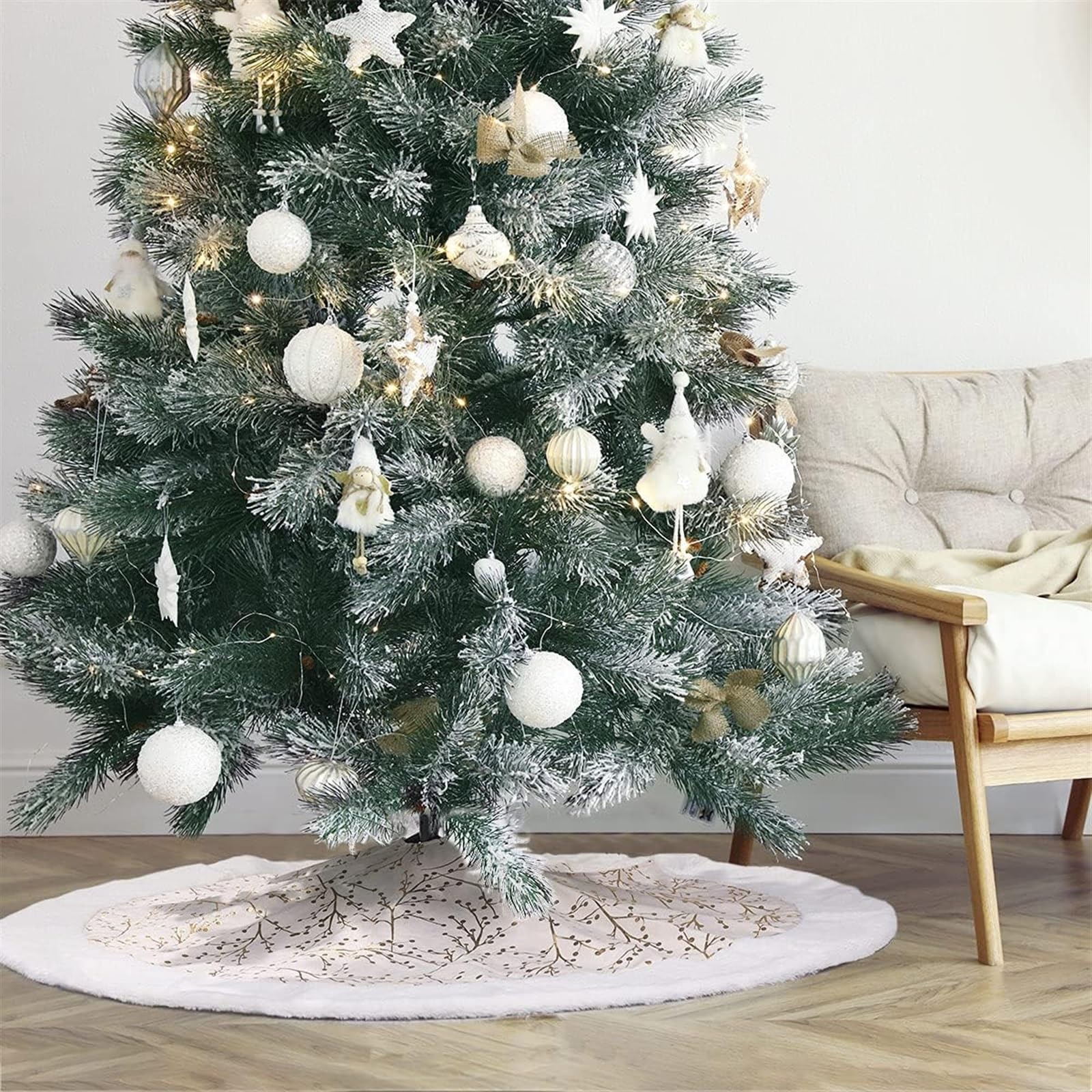 Tappeto Albero di Natale, Gonna per Albero di Natale da 48 Pollici con Bordo in Peluche in Pelliccia Sintetica per Decorazioni per La Casa, Feste Festa Forniture(Gold+White)