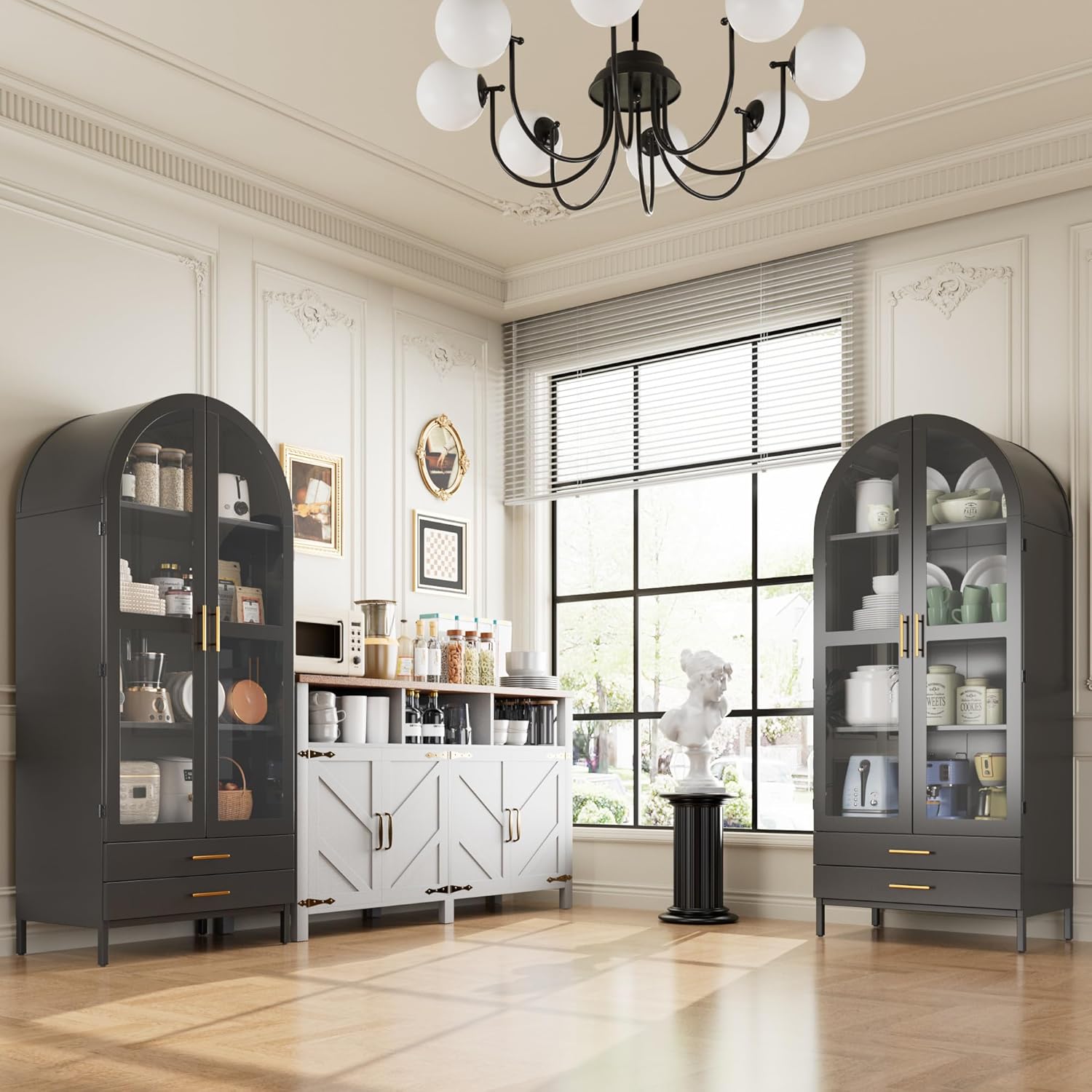 Metal Arched Pantry Cabinet with 2 Drawers,Black Arched Cabinet with Glass Door for Kitchen Home, Assemble Required,Black,72.76"×30.83" W×16.10" D