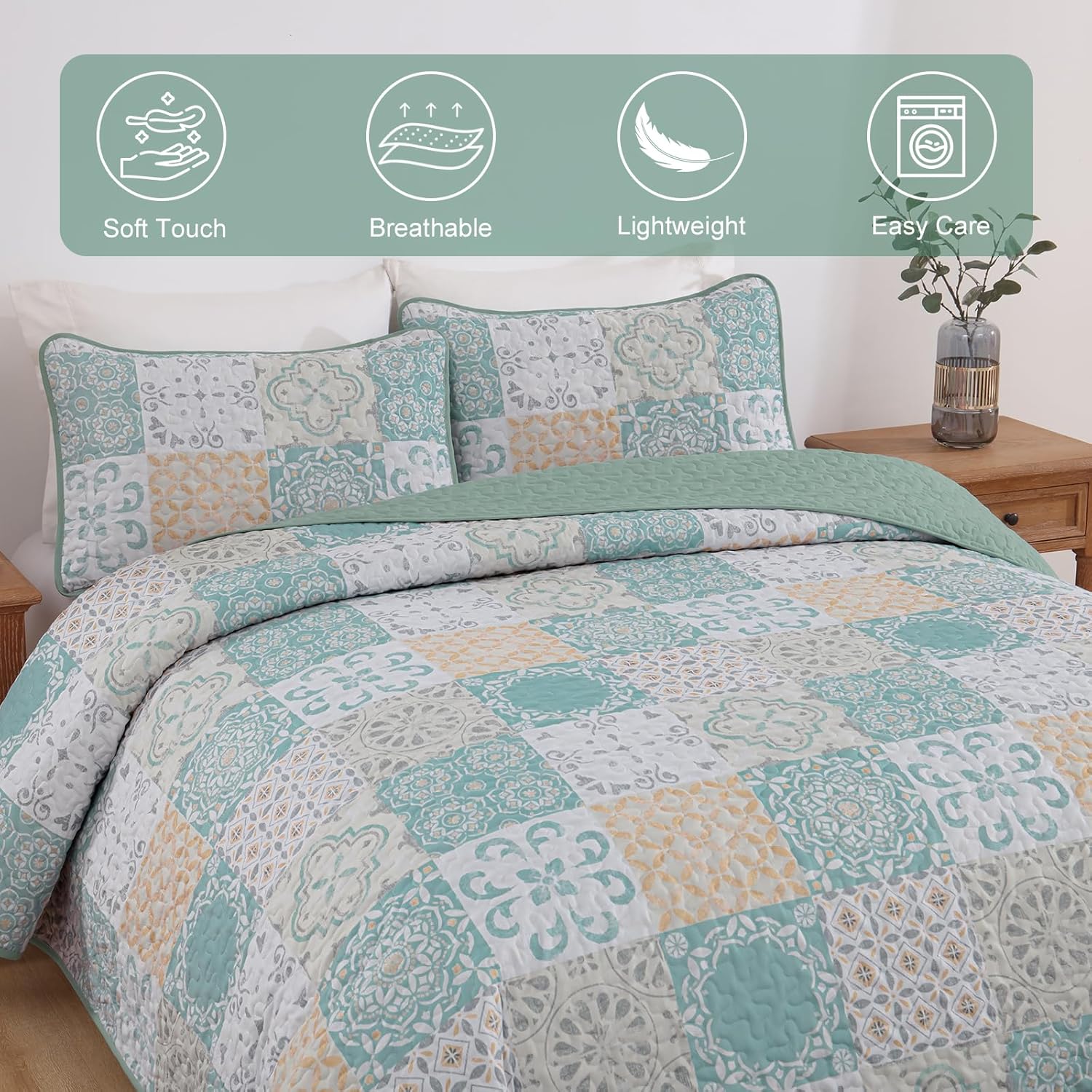 Dobuyly Queen Quilt Set 3 Pieces, Sage Green Yellow Patchwork Bedspreads, Boho Summer Coverlet Set, Soft Lightweight Microfiber Bedding Set for All Seasons 96"x90" - Image 4