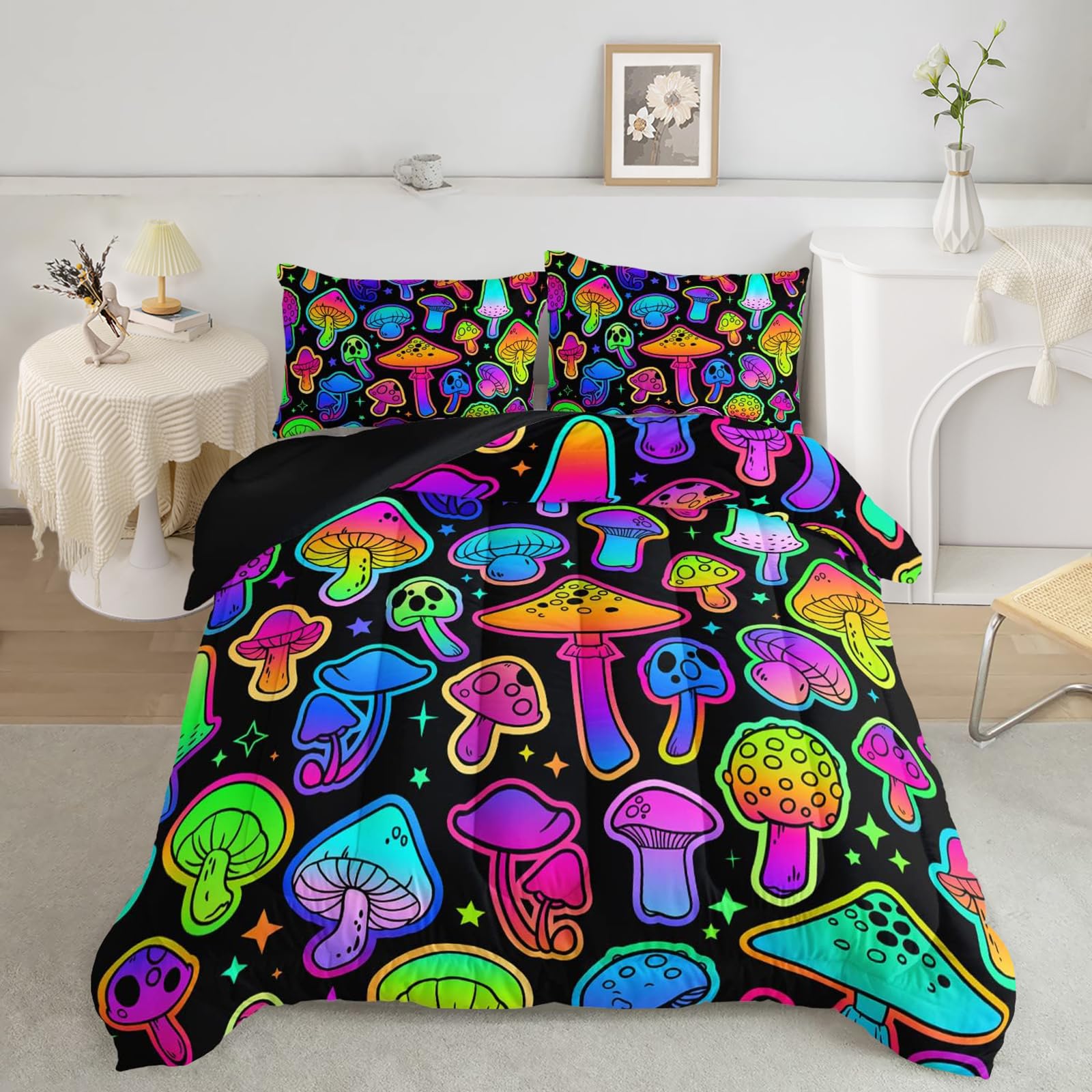 Mushroom Comforter Set Kids Bedding Set Full,3Pcs Colorful Soft Black Gradient Mushroom Quilt Set Bed in A Bag with 1 Comforter 2 Pillowcases for Kids