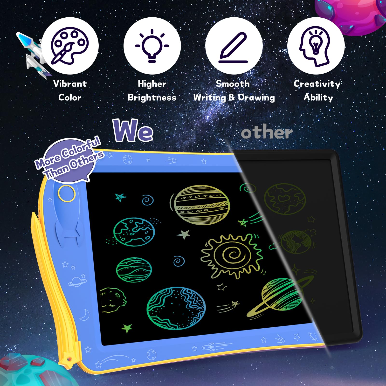 GUYUCOM Drawing Tablet, Toddler Toys for 2 3 4 5 6 Year Old Boys Girl Gift, Colored Drawing Tablet for Kids Travel Activities Toy, Yellow/Blue — view 4