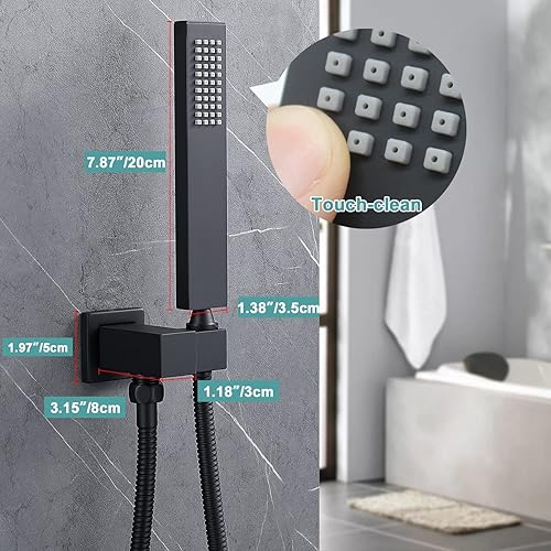 Miniatura 9 de Cabezal de ducha de mano cuadrado negro mate de latón macizo con conector de pared y sistema de manguera, juego de cabezales de ducha de mano para
