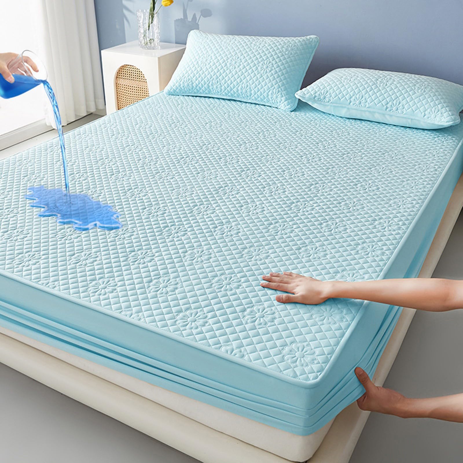 Protector de Colchón Acolchado Impermeable,Funda de Colchón Sábana Ajustable Suave y Lavable,Transpirable y Refrescante,para Casa Dormitorio y Hotel(Light Blue,180x200cm)