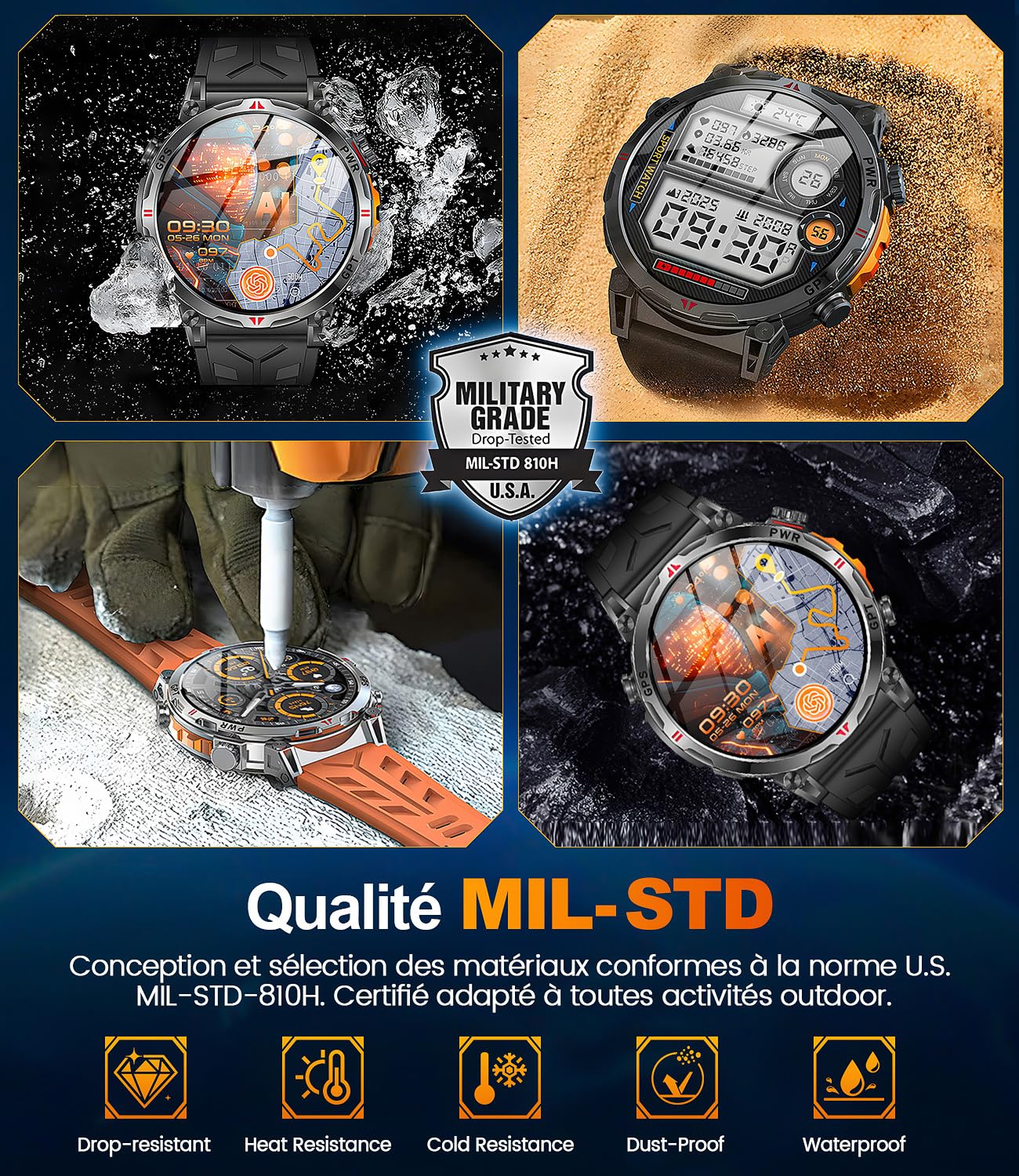 Montre Connectée Homme GPS intégré, AMOLED Appel Bluetooth, Montre Connectée pour Android et iPhone, 100+ Modes Sportifs, 3ATM étanche Montre Sport Homme avec Boussole (1.6)