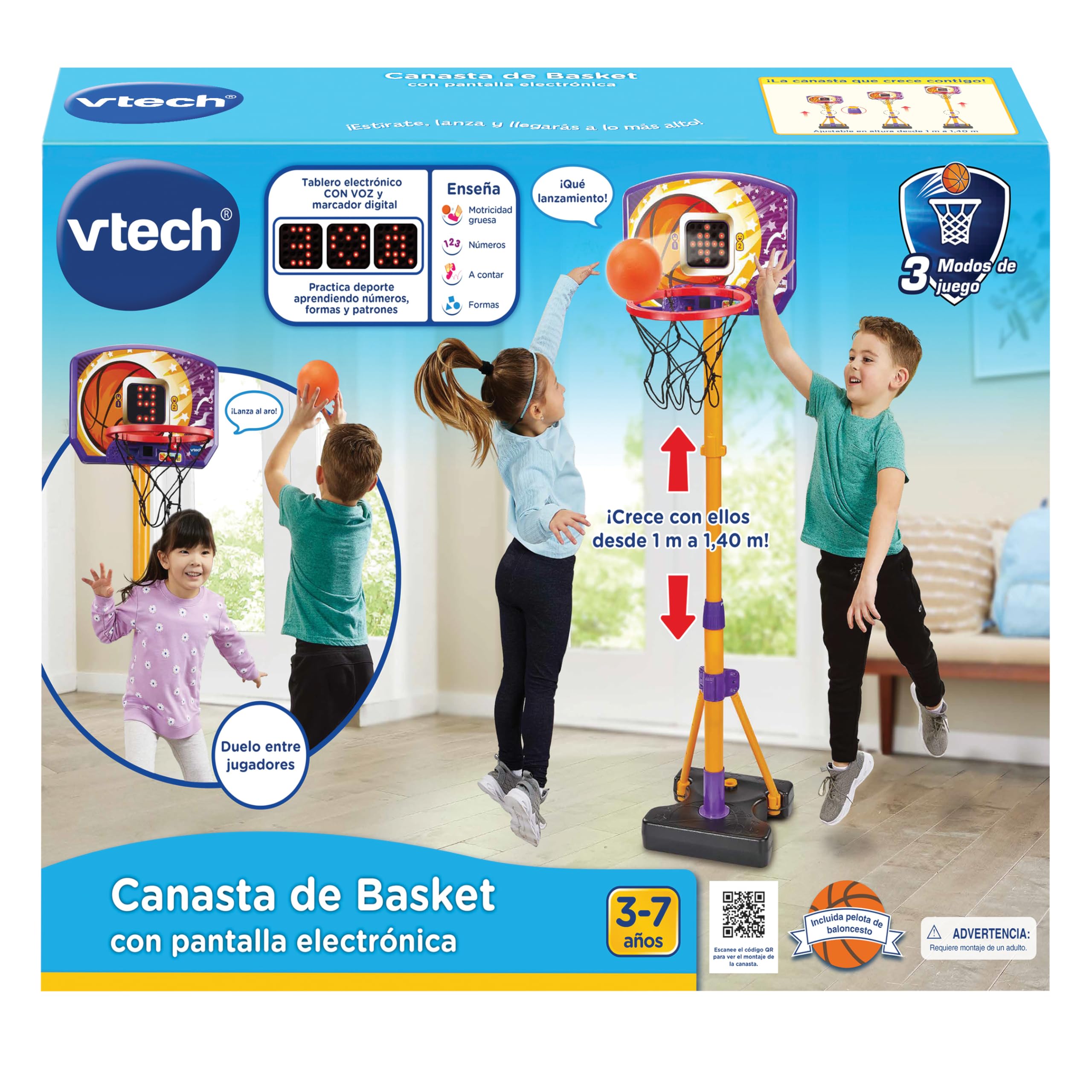 VTech - Canasta de Basket con Pantalla electrónica, Juguete Deportivo, Interactivo, Regulable en Altura, Diseño evolutivo, Soporte Estable, Juegos, Regalo niños +3 años, Versión ESP