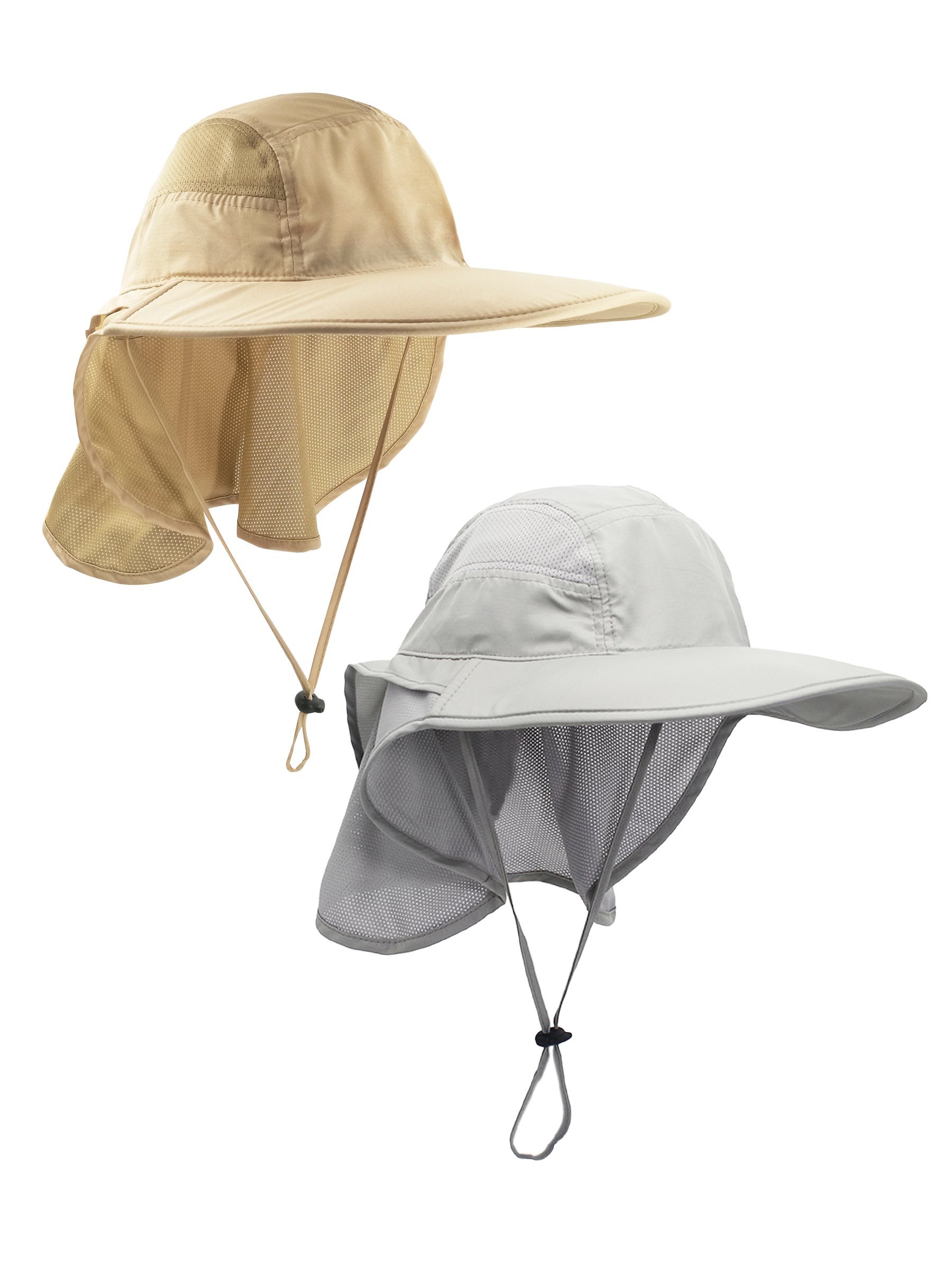 2 Pieces Unisex Outdoor Activities UV Protecting Sun Hats with Neck Flap 12cm Large Brim - Light Grey & Light Khaki