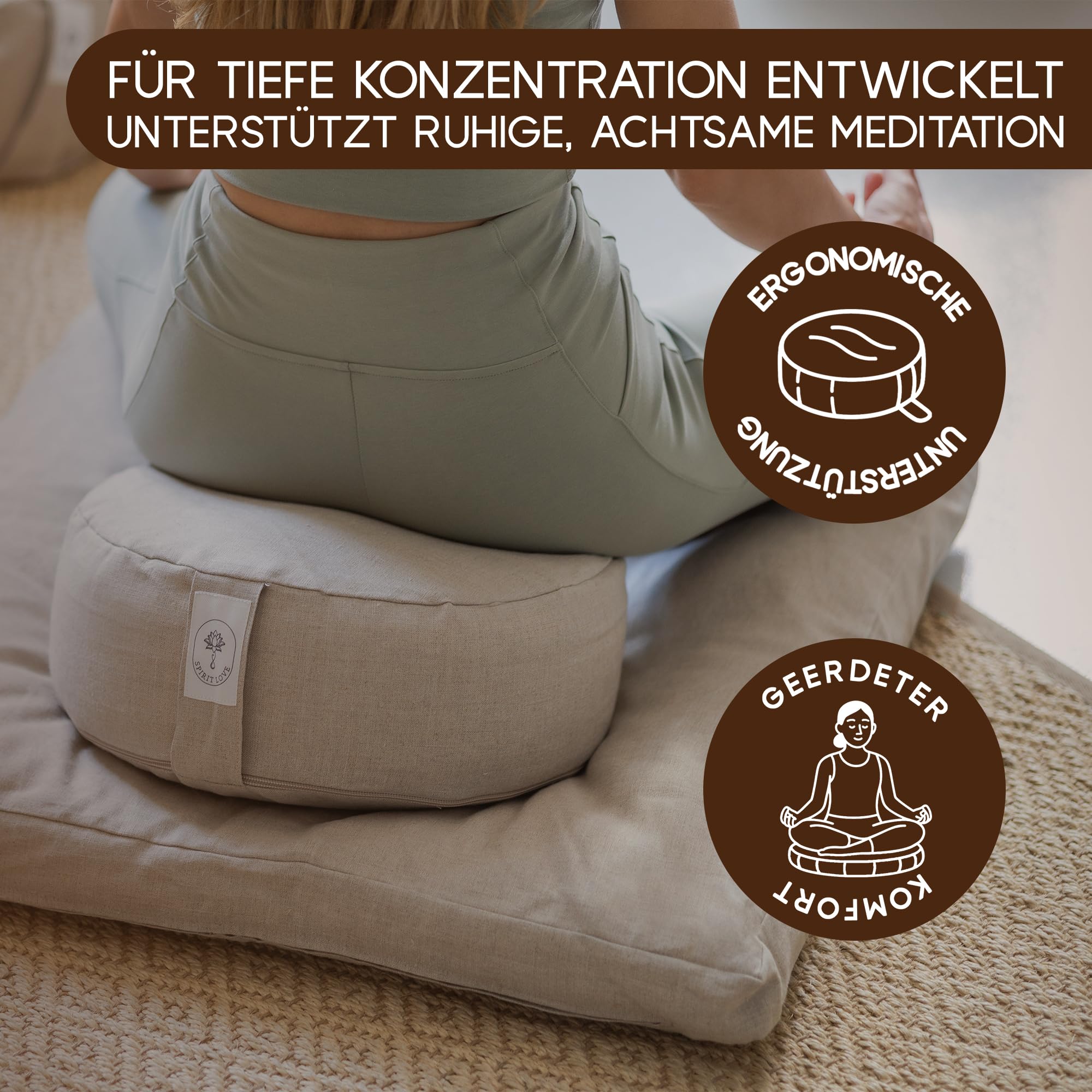 Spirit Love Leinen Yogakissen mit Bio-Buchweizenschalen | Meditationskissen | Anpassbare Füllung mit waschbarem Bezug | Sitzkissen Perfekt für bequemes und sanftes Yoga | 100% Natürlich - M 35x13cm…