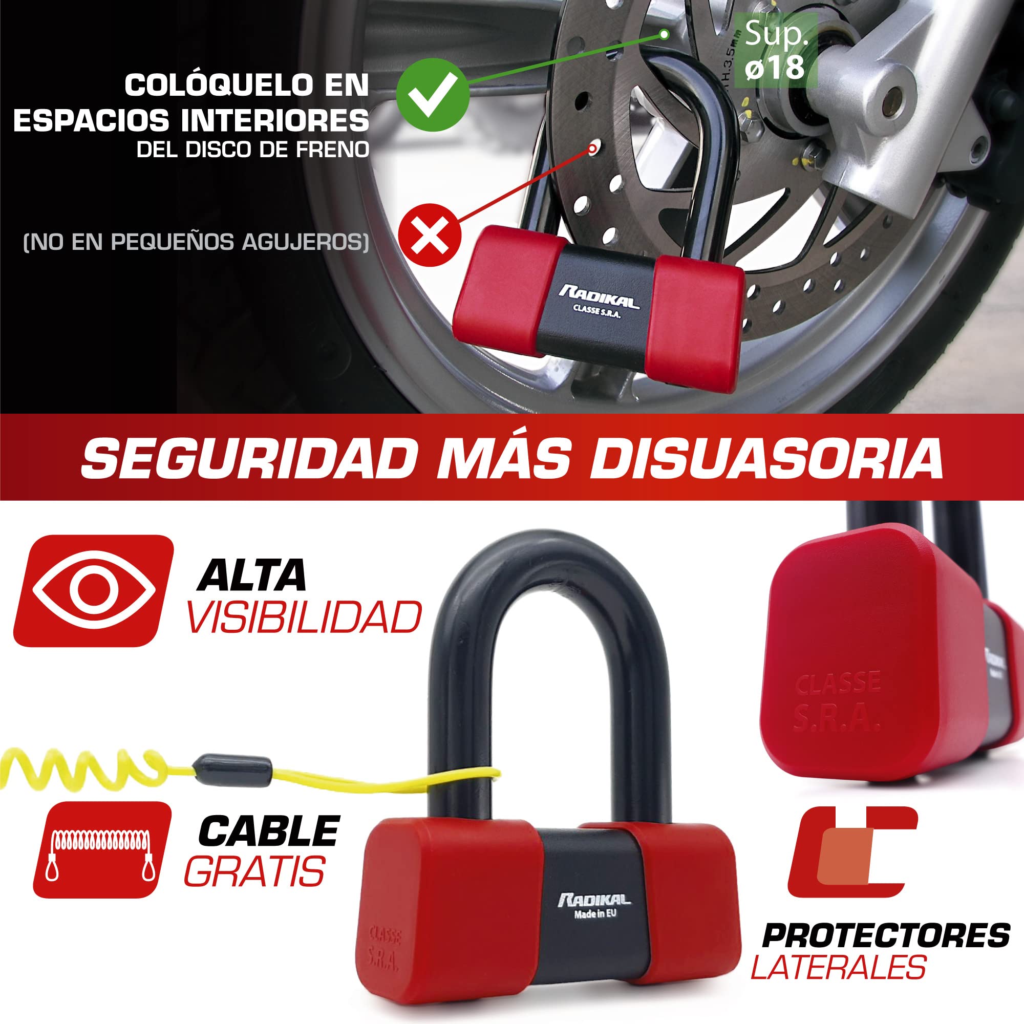 RADIKAL RK75 Candado Moto Disco Mini U Homologado SRA Premium, Más Disuasorio, Testado Brutalmente, Arco ø18mm de Acero Cementado, Doble Cierre, Cable Recordatorio, Bloqueo Antirrobo Cepo Disco Freno