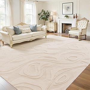 UKISS Washable Rugs 8'x10' Area Rugs for Living Room ，Ultra Soft Faux Rabbit Fur Embossed Rug for Bedroom, Non Slip&Non-Shedding Low Pile Large Carpets for Home Decor Beige