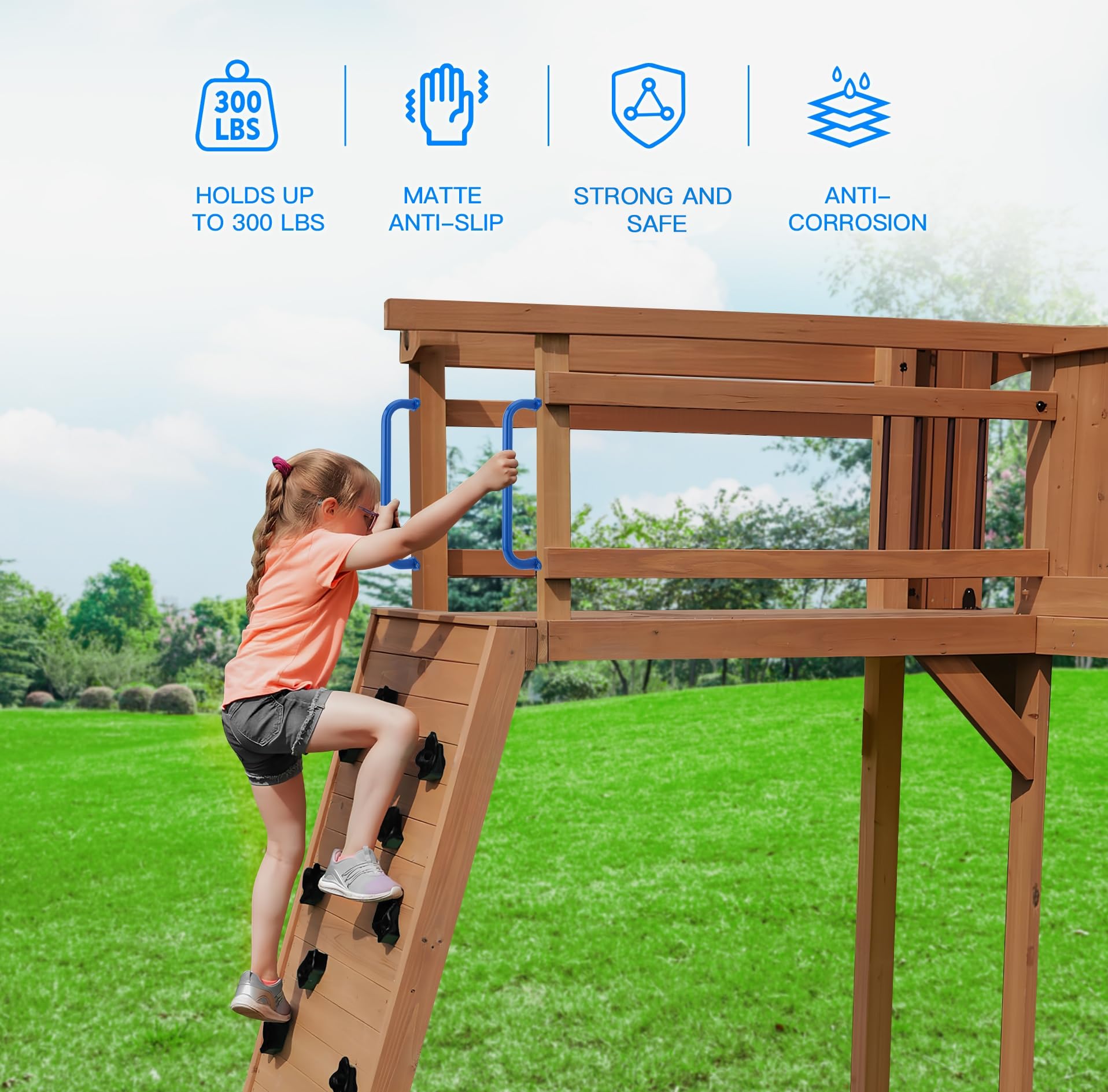 BiJun17 inch Metal Playground Handles,Monkey Bars Indoor Heavy Duty Safety Ceiling Grab Bars for Indoor Outdoor Playgrounds Climbing Frames,Treehouses and Wall ladders (Blue Set of 6)