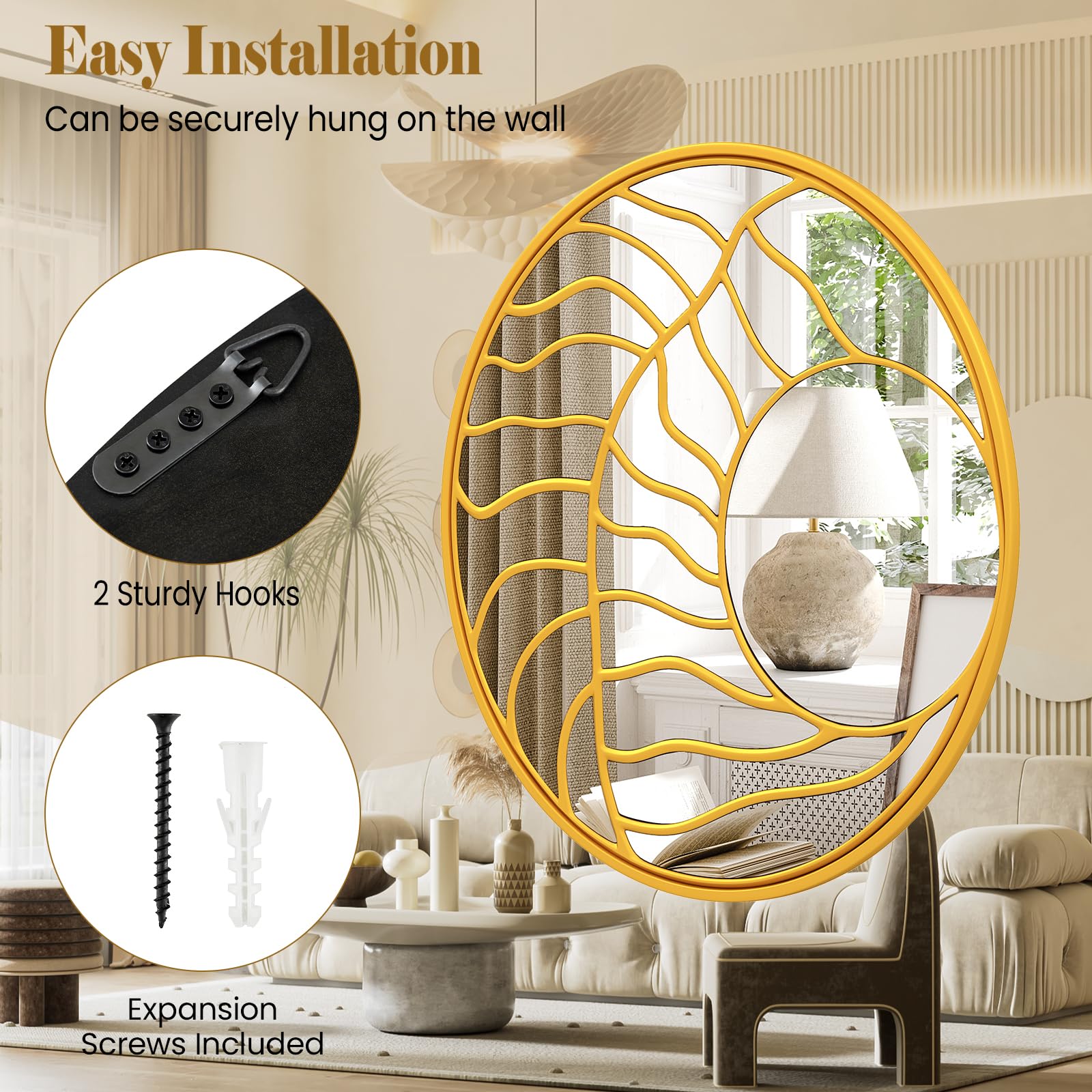 LIFEZEAL Specchio da Parete Rotondo, 80cm, Specchio Decorativo con Cornice Dorata, per Ingresso, Salotto, Camera da Letto, Bagno, Moderno, Appendere a Muro, Alta Definizione, Sicuro, Mirror