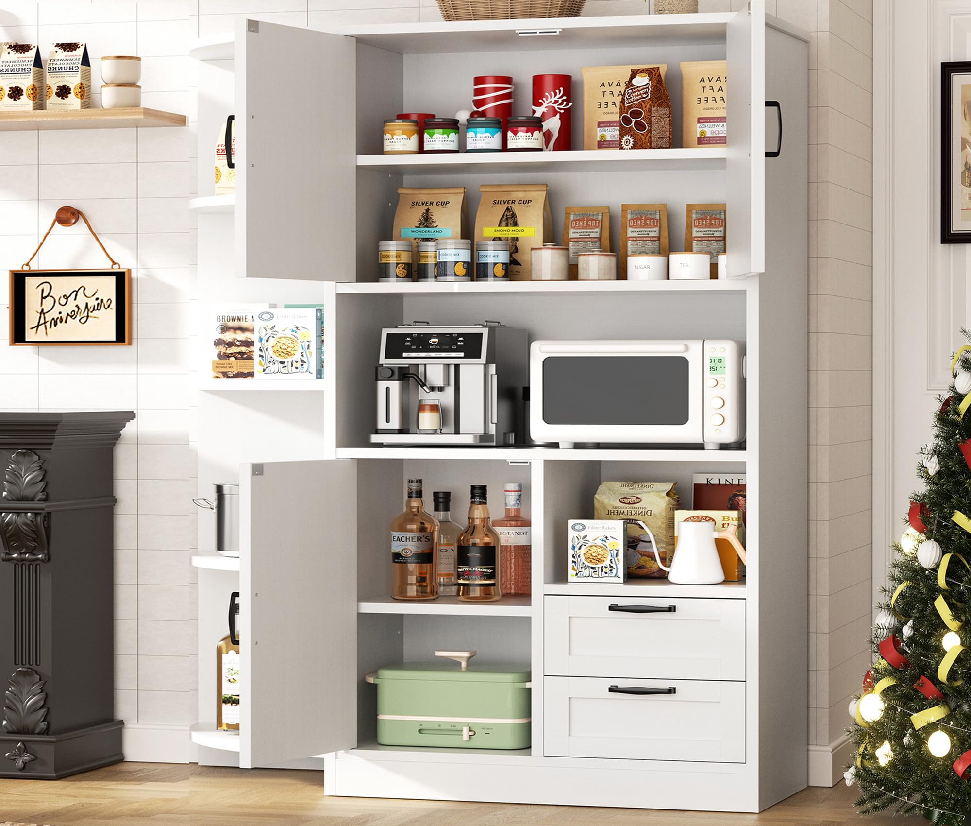 SUNLEI Farmhouse Kitchen Pantry Storage Cabinet with Microwave Shelf Tall Freestanding Kitchen Hutch and Storage Pantry with Cupboard