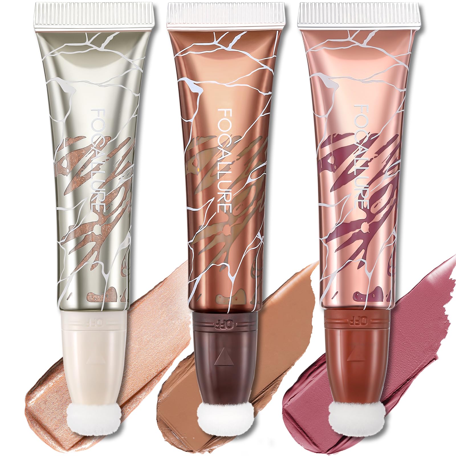 FOCALLURE 3 PCS Liquid Contour Stick,Moisturizing Highlighter,Blush and Bronzer,Silky Cream Contouring Pen with Soft Cushion Applicator,Long Lasting
