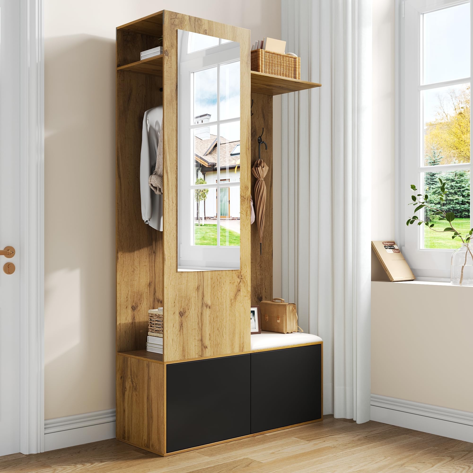 Il set di armadi comprende 5 ganci appendiabiti, uno specchio, una scarpiera, una zona superiore nascosta da appendere e una panca appendiabiti per il corridoio. (100 L x 38 W x 191 H (cm))