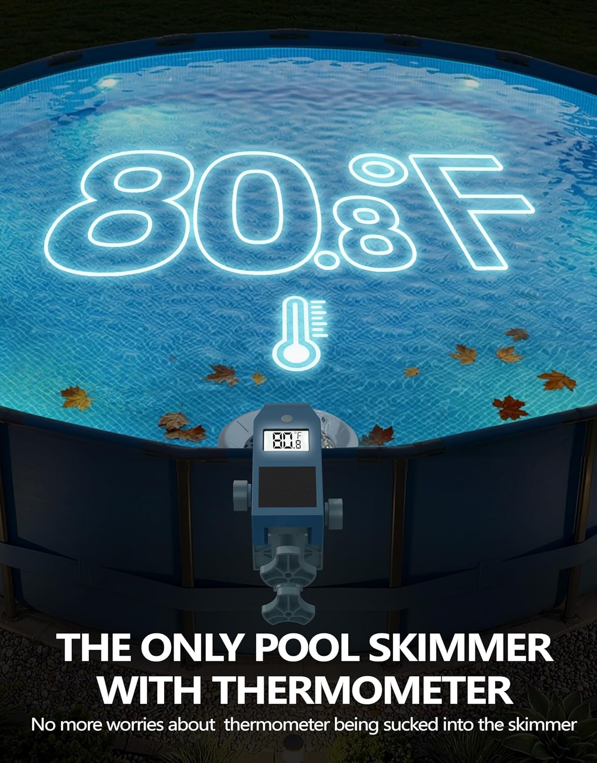 BluSwim Above Ground Pool Skimmer with Solar Digital Thermometer | Wall Mount Surface Skimmer - Auto Skimming Pool Floating Debris | 2 Upgraded Bracket - Stable&Height Adjustable-Steel Blue