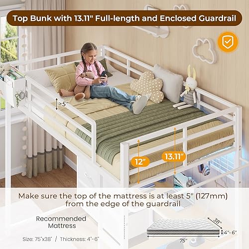 Miniatura 6 de DICTAC Cama tipo loft de tamaño individual con escritorio en forma de L y 7 cajones de almacenamiento, cama alta de metal para niños con luces LED y