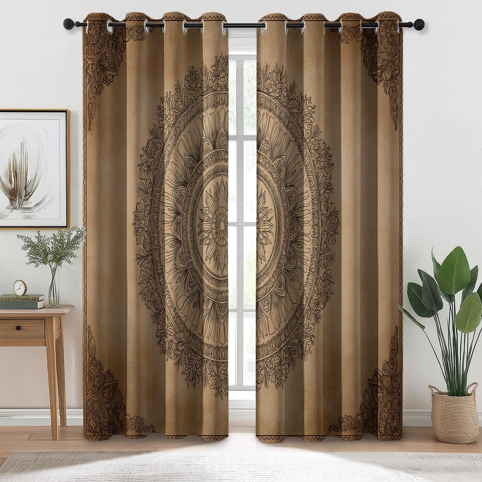 Rideau Occultant Rétro Mandala Lignes Motif Rideaux Thermiques à Oeillets, Brun Tenture Opaque Rideaux Imprimé pour Salon Chambre Enfant Moderne Décoration, 140L X 200H cm (2 Panneaux)