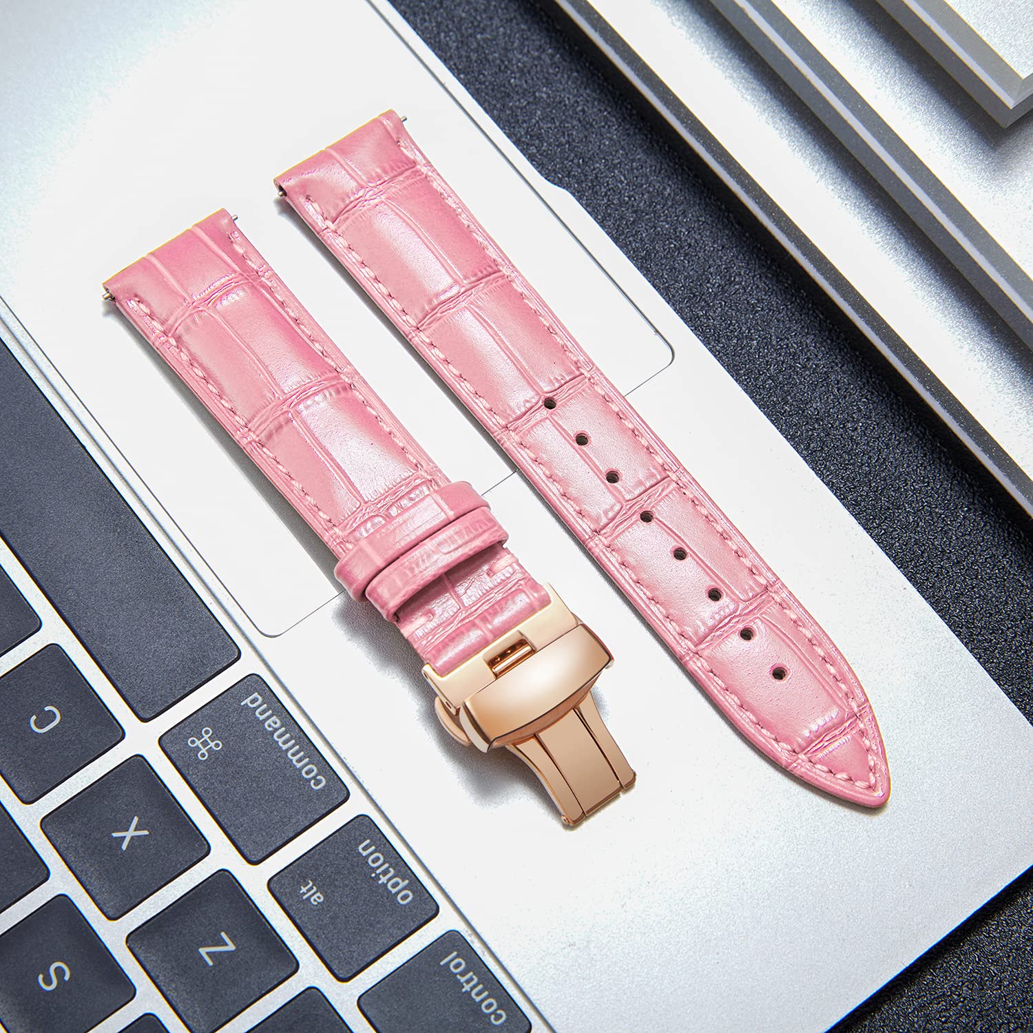 BINLUN Leather Watch Strap Quick Release Strap with Rose Gold Butterfly Deployment Buckle 12mm 13mm 14mm 16mm 17mm 18mm 19mm 20mm 21mm 22mm 23mm 24mm Watch Band for Men Women (Pink,20mm)