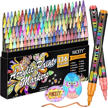 NICETY 136 Colors Acrylic Paint Markers, Extra Fine Tip Point Acrylic Paint Pens for Rock Painting, Canvas, Wood, Ceramic, Glass, Stone, Fabric, Crafts & Art Supplies