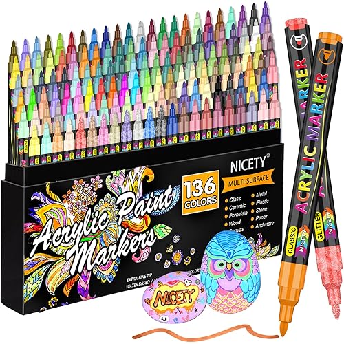 NICETY 136 Colors Acrylic Paint Markers, Extra Fine Tip Point Acrylic Paint Pens for Rock Painting, Canvas, Wood, Ceramic, Glass, Stone, Fabric, Crafts & Art Supplies
