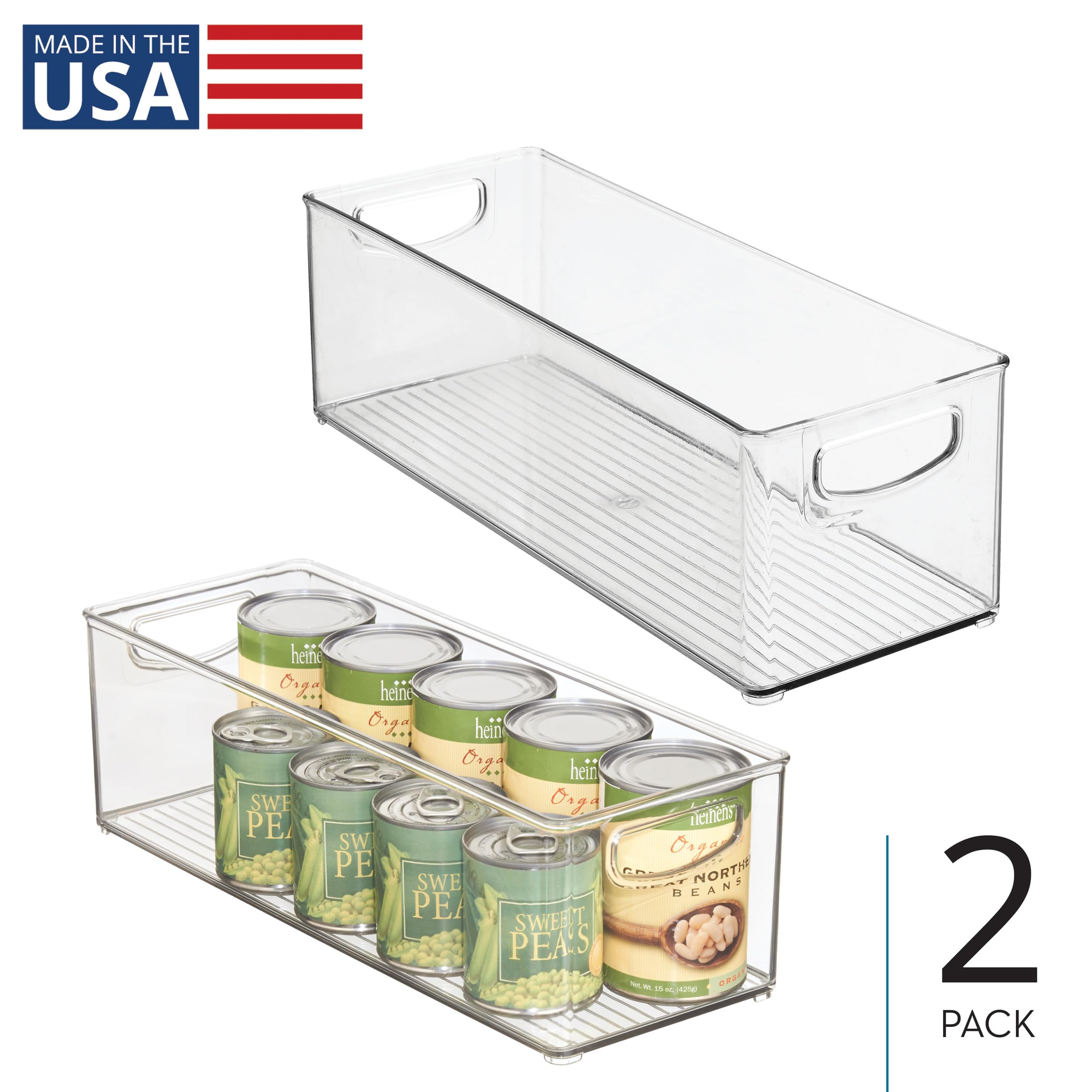InterDesign iDesign - Contenedor apilable de plástico para despensa, con asas para armarios o nevera, juego de 2 unidades, transparente | Para armarios de cocina o nevera, fabricado en Estados Unidos