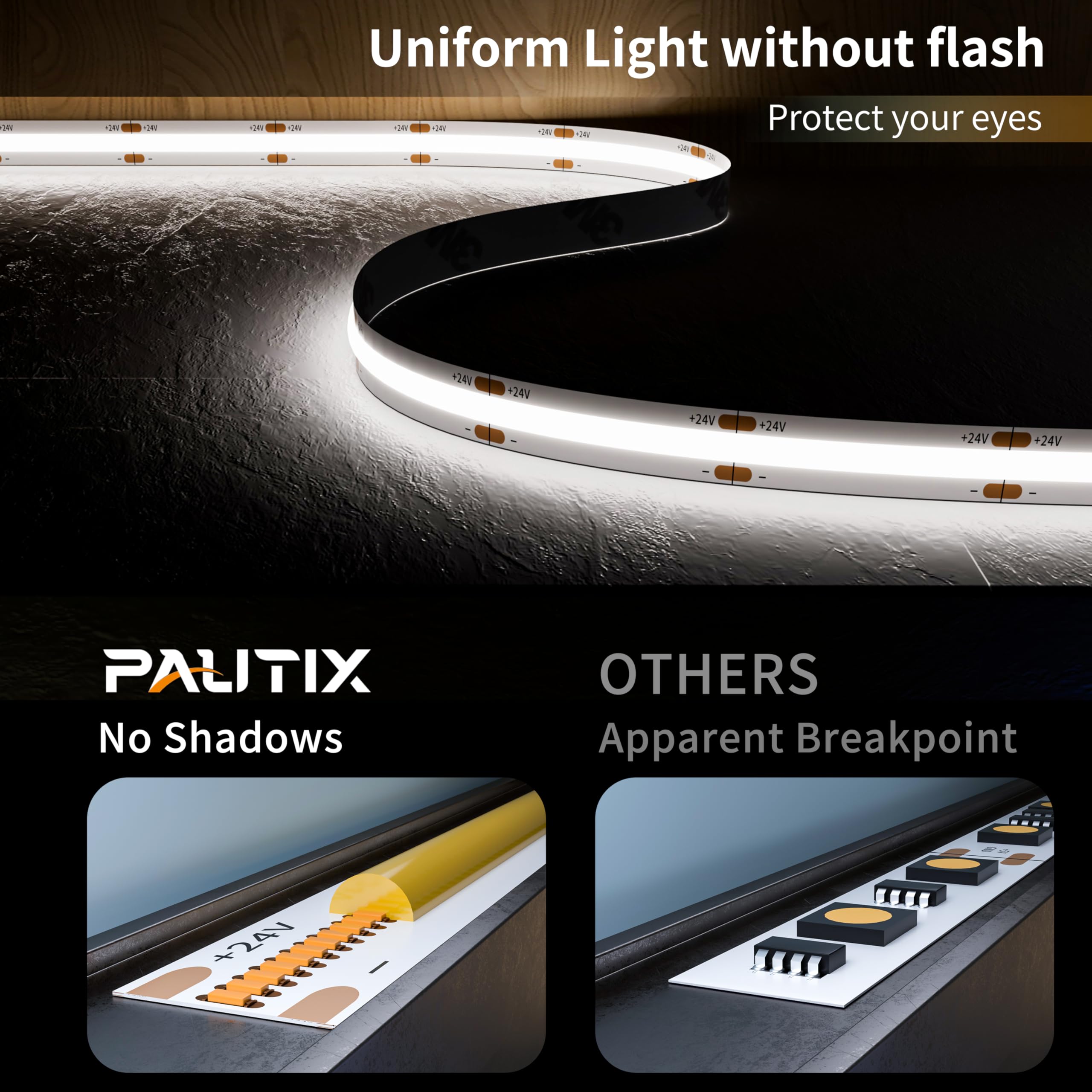 PAUTIX COB LED Strip Light 24ft/7.5m 6000K White,3780LEDs CRI90+ High Lumen Super Bright,Lead-Free Material DC24V Flexible LED Tape for Home&Office DIY Lighting Project(Power Supply Not Included)