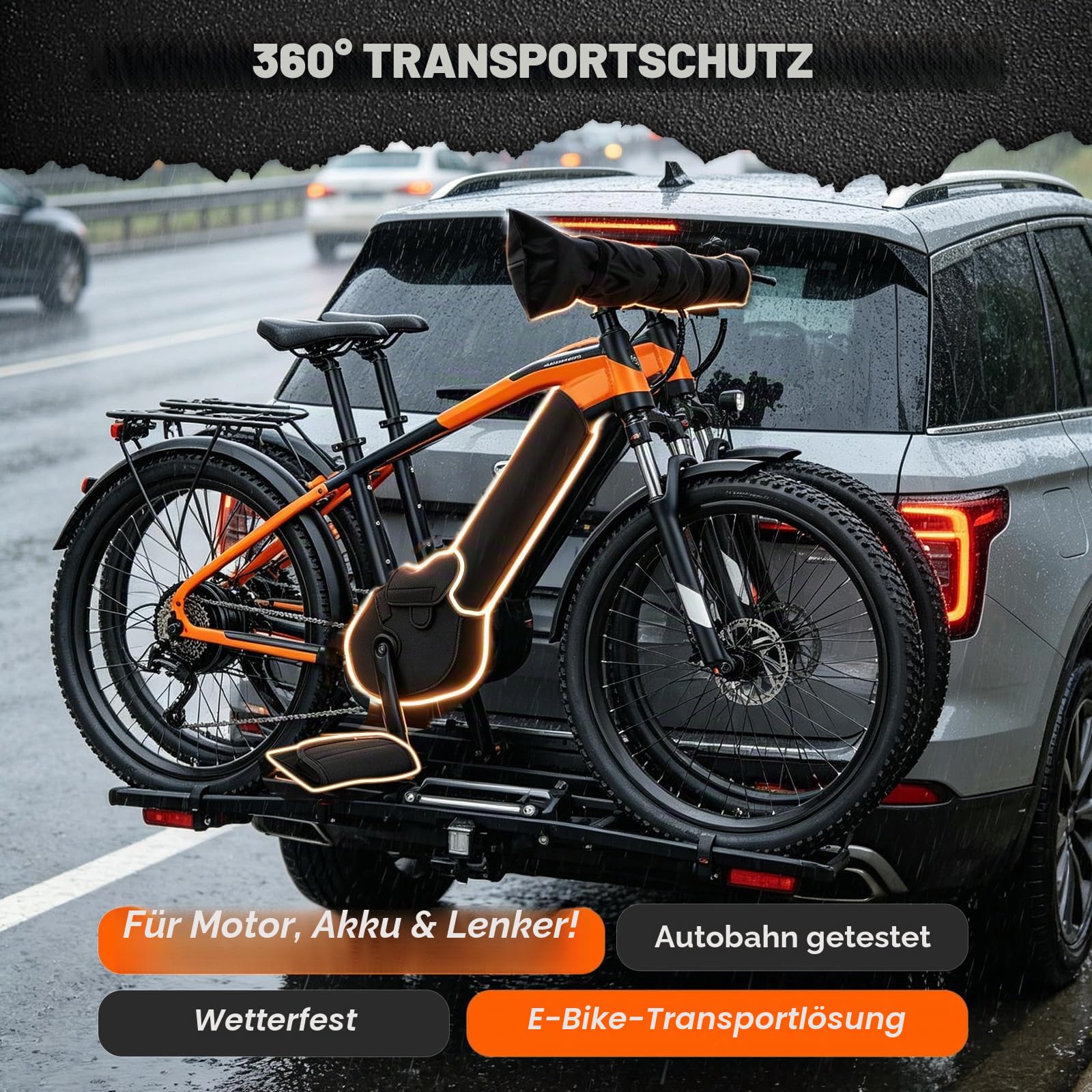 E-Bike Transportschutz Set 5-teilig, Akku Schutzhülle, Motor Abdeckung, Lenkerhülle & 2 Pedalschoner, Wasserdichte Fahrrad Schutzhülle für Fahrradträger - Schützt vor Regen, Kälte & Schmutz