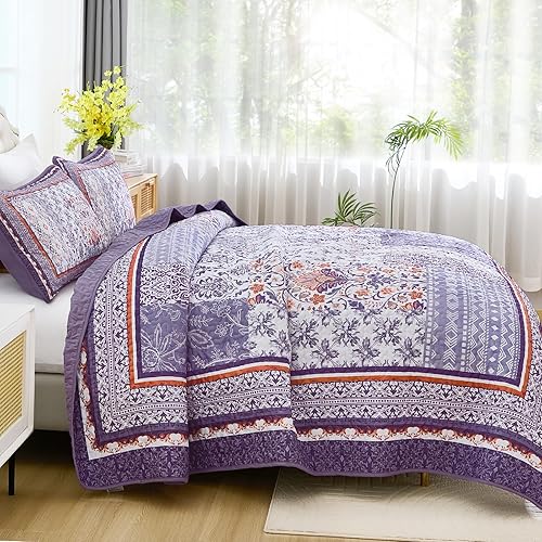 Miniatura 3 de WONGS BEDDING Purle - Juego de edredón tamaño Queen, juego de colcha de retazos bohemios de 3 piezas, juego de ropa de cama ligero bohemio para