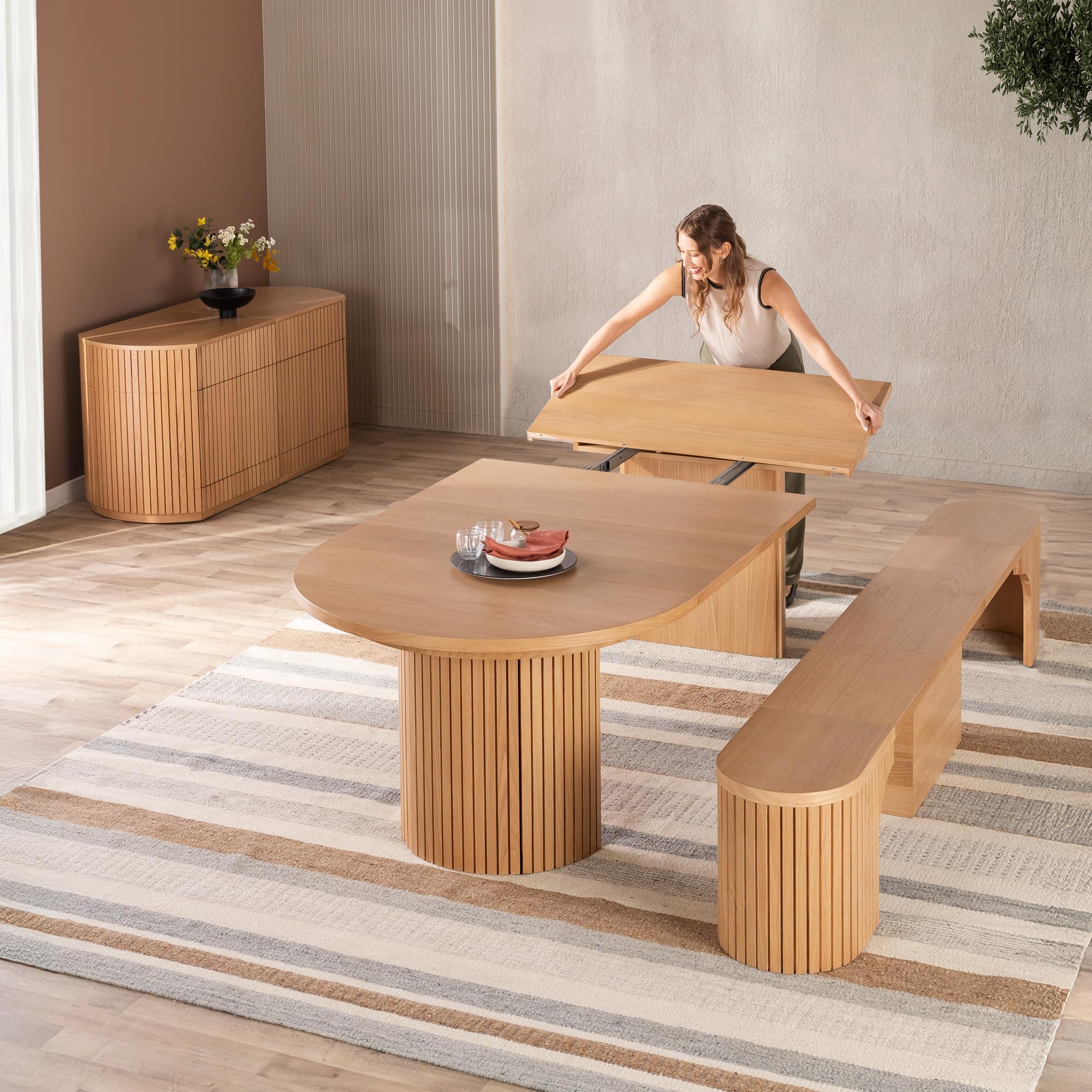 Transformer Table - Solid Wood Extendable Round Dining Table Set with Bench and Sideboard Storage, Seats 4-10, Expandable Round Dining Set, Natural (