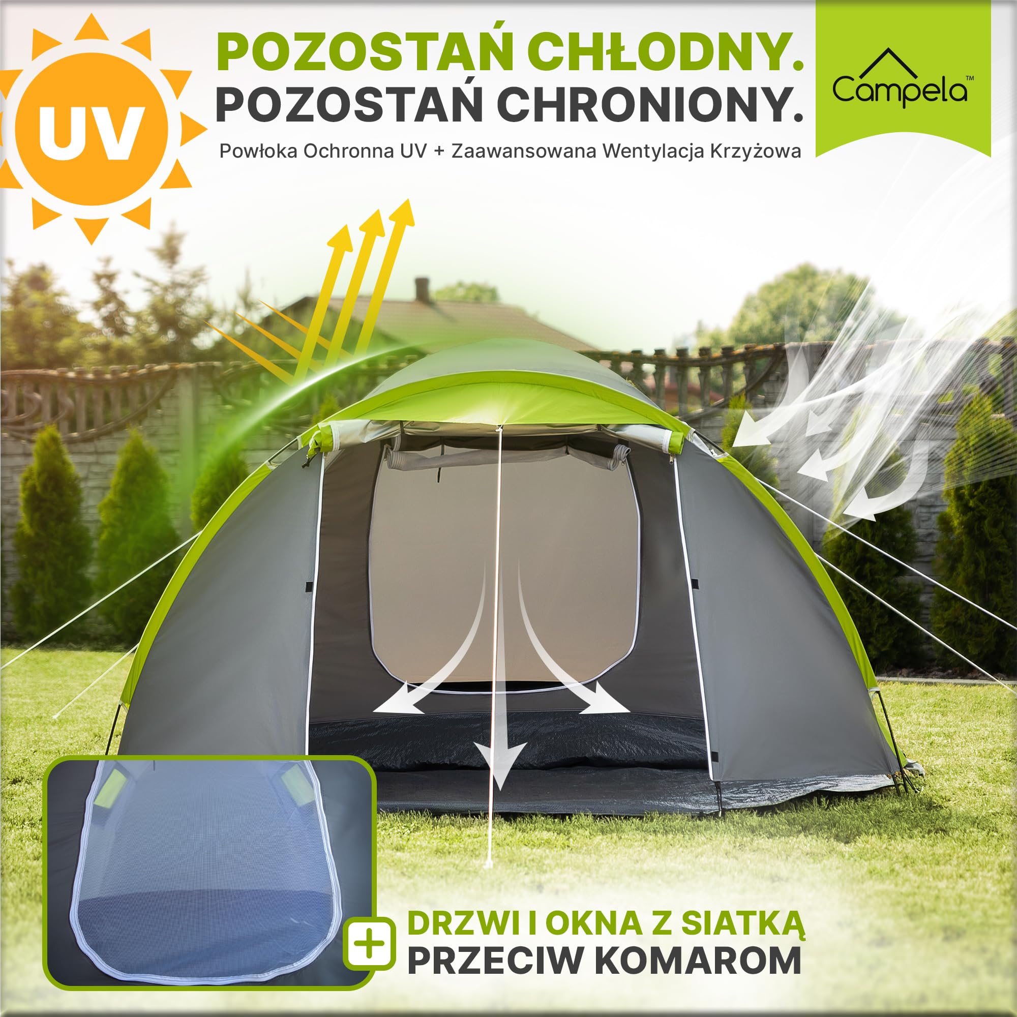 CA0013 Tropical Namiot turystyczny, rodzinny, dla 3-4 osób, wodoszczelny (3000 m), klejone szwy (zielony)